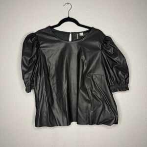 H&M Faux Leather Black Puff-Sleeve Top- XL